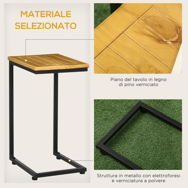 Outsunny Set 2 Tavolini da Giardino a C in Metallo e Legno di Pino con Design Impilabile, 40x30x60 cm