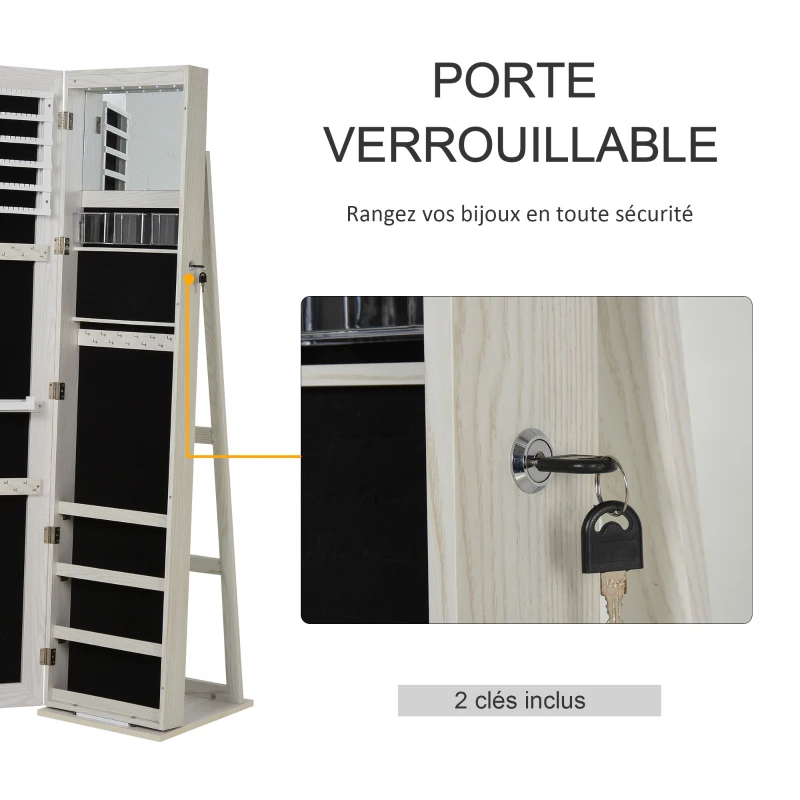 HOMCOM Armoire à Bijoux avec Miroir sur Pied Multi-rangements éclairage LED Blanc dim. 38L x 38l x H157 cm