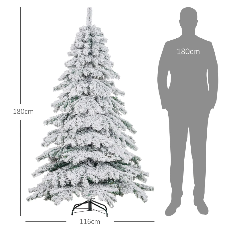 HOMCOM Árbol de Navidad Artificial Nevado 180 cm con 627 Ramas y Soporte de Metal Árbol de Navideño para Salón Verde y Blanco