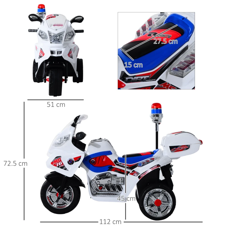 HOMCOM Moto Elettrica per Bambini da 3-5 Anni Motorino Elettrico Giocattolo 3 Ruote con Musica, Velocità 3KM/h, Luci 112×51×72.5cm