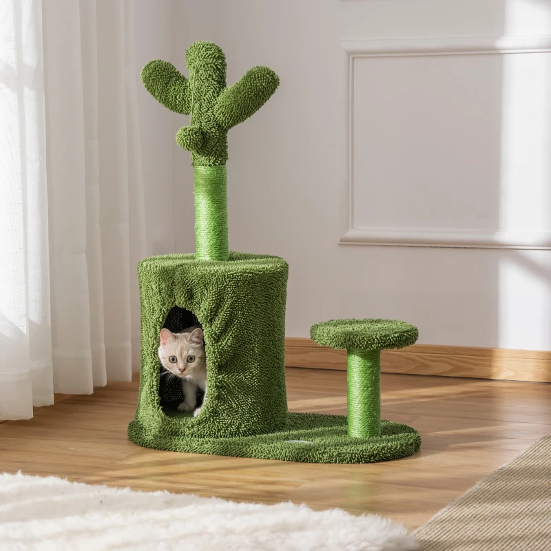 PawHut Albero Tiragraffi per Gatti Fino 4.5kg a Forma di Cactus con Palline e Cuccia, 60x35x78cm - Verde