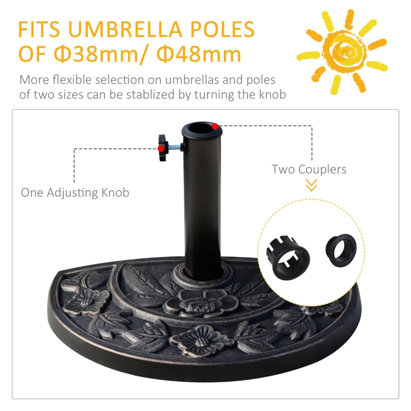Outsunny 9kg Resin Parasol Base, Half Round Umbrella Stand with Floral Design for Garden, Outdoor, Suitable Umbrella Rod: Φ3.8cm, Φ4.8cm, Bronze Tone