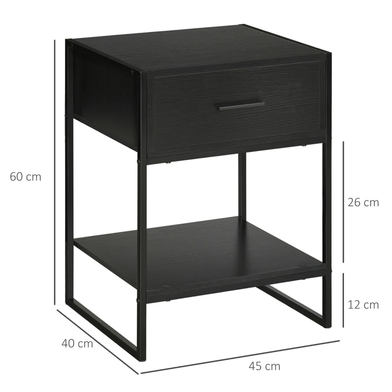 HOMCOM Set 2 Comodini Moderni, 2 Comodini da Camera da Letto e Soggiorno, con Cassetto e Ripiano Aperto, Design Moderno, in MDF e Acciaio, 45x40x60cm, Nero