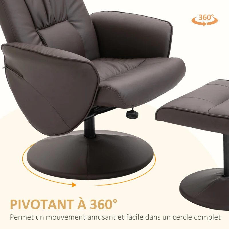 HOMCOM Fauteuil relax avec repose-pied fauteuil de relaxation relaxant pivotant 360° et dossier inclinable pour TV supportant jusqu'à 120 Kg revêtement synthétique métal marron