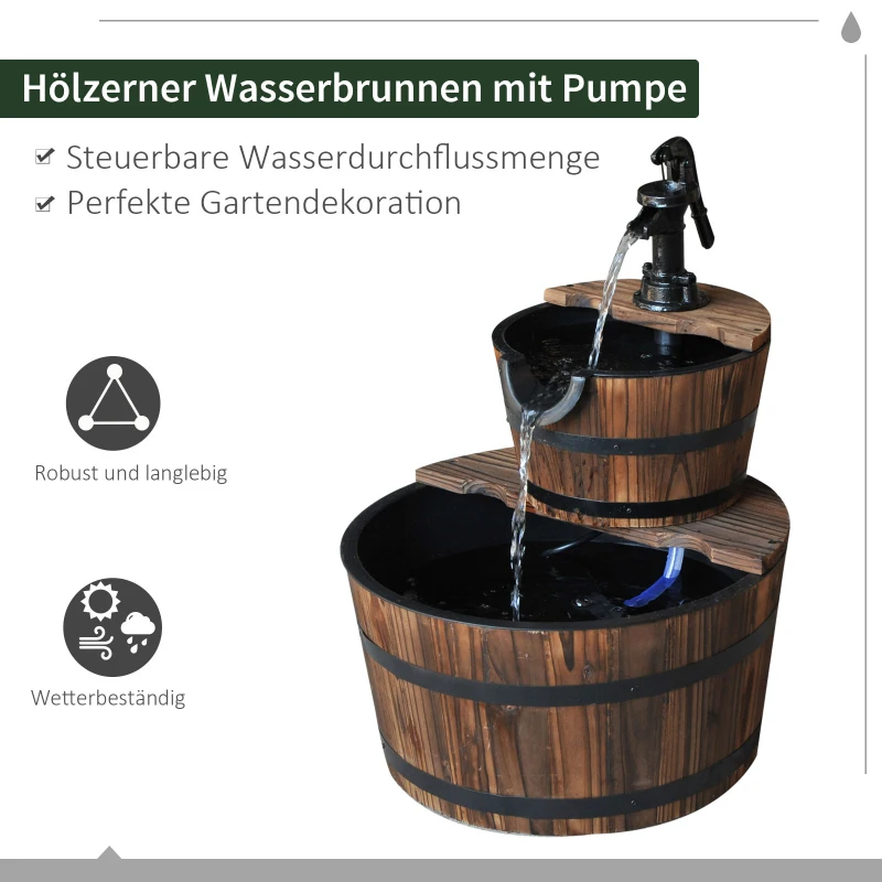 Outsunny Kaskadenbrunnen 2-stufig Gartenbrunnen Zierbrunnen Zimmerbrunnen Wasserspiel Wasserfall Wasserpumpe Tannenholz Dunkelbraun 44,5 x 44,5 x 58,5 cm