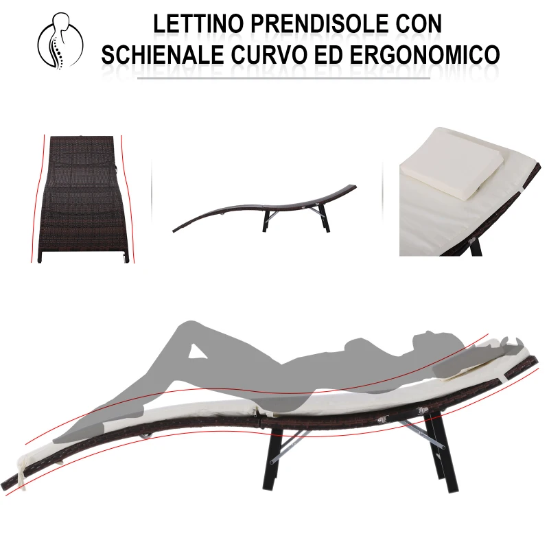 Outsunny Lettini Prendisole Richiudibili con Cuscini Rimovibili e Tavolino Pieghevole, Set 3 Pz in Rattan, Crema