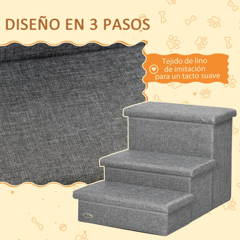 PawHut Escalera para Mascotas de 3 Peldaños Escalones para Perros Gatos con Espacio de Almacenamiento 63,5x42,5x40,5 cm Gris