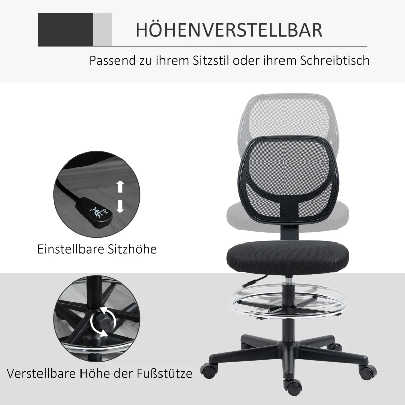 Vinsetto Zeichenstuhl inkl. Fußstütze, höhenverstellbarer Bürostuhl, 59 cm x 61 cm x 113 cm, Schwarz