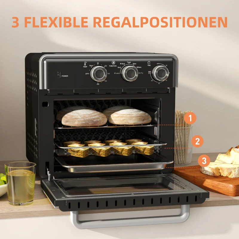 HOMCOM Minibackofen, 20L, 5 Funktionen, 360° Heißluft, Grillrost, Krümelblech, Schwarz(m-5)