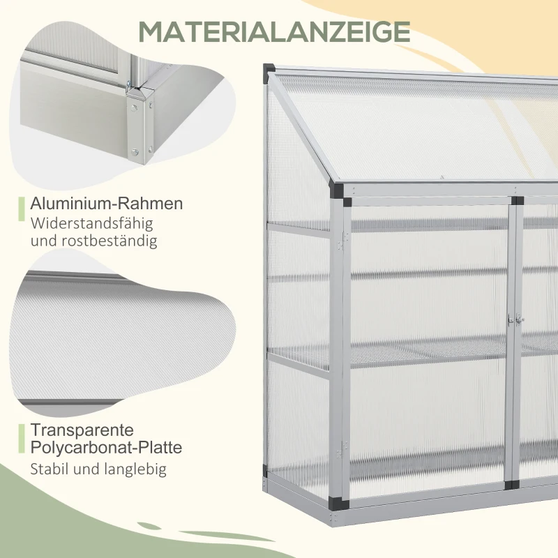 Outsunny Gewächshaus mit Fundamentrahmen, Polycarbonat-Gehäuse, 2 Regalböden, Aluminiumrahmen, 131 x 58 x 139,5 cm