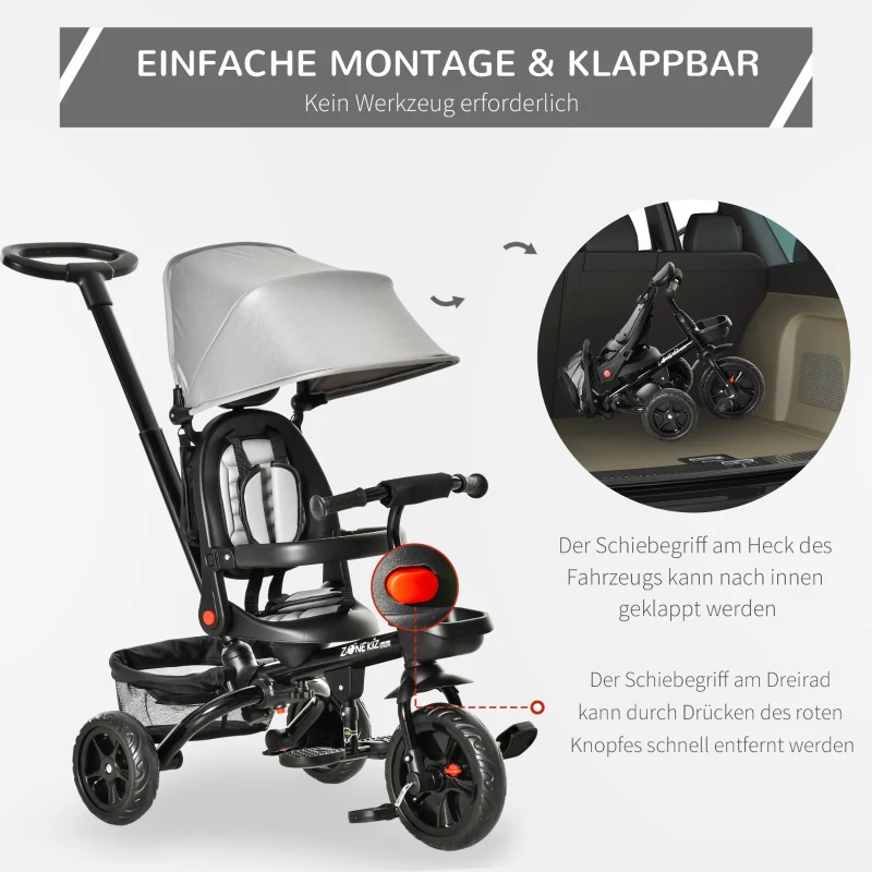HOMCOM Dreirad mit Schubstange drehbarer Sitz 4-in-1 Kinderdreirad Kinder Fahrrad klappbar abnehmbar Kinderauto Metall EVA Grau 111,5 x 52 x 98 cm
