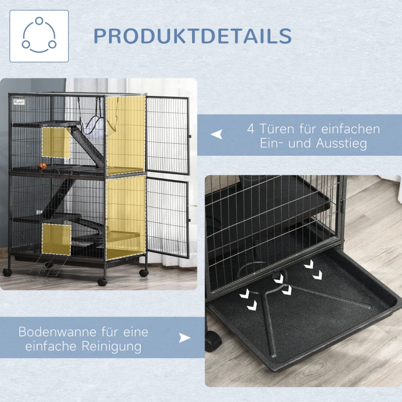 PawHut Kleintierkäfig mit Hängematten Nagervoliere mit Rollen 4 stöckig Käfig XXL geeignet für Hamster Kleintiere Meerschweinchen Metall Kunststoff Silber+Grau 80 x 52 x128 cm