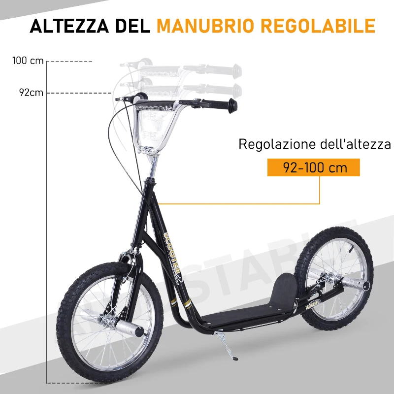 HOMCOM Monopattino per Bambini da 5 Anni con Ruote Grandi da 16" e Altezza Regolabile, Freni e Cavalletto, Nero