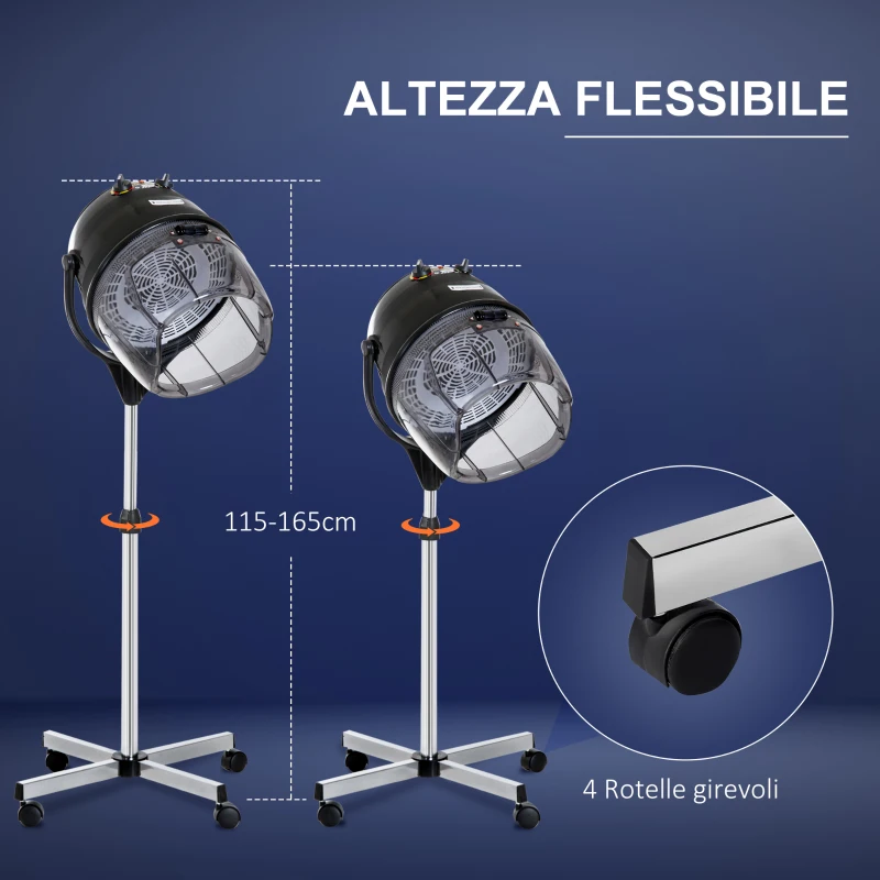 HOMCOM Casco Asciugacapelli 1180W ad Altezza Regolabile con Timer 60 Minuti e Ruote Girevoli, 65x65x115-165 cm, Nero