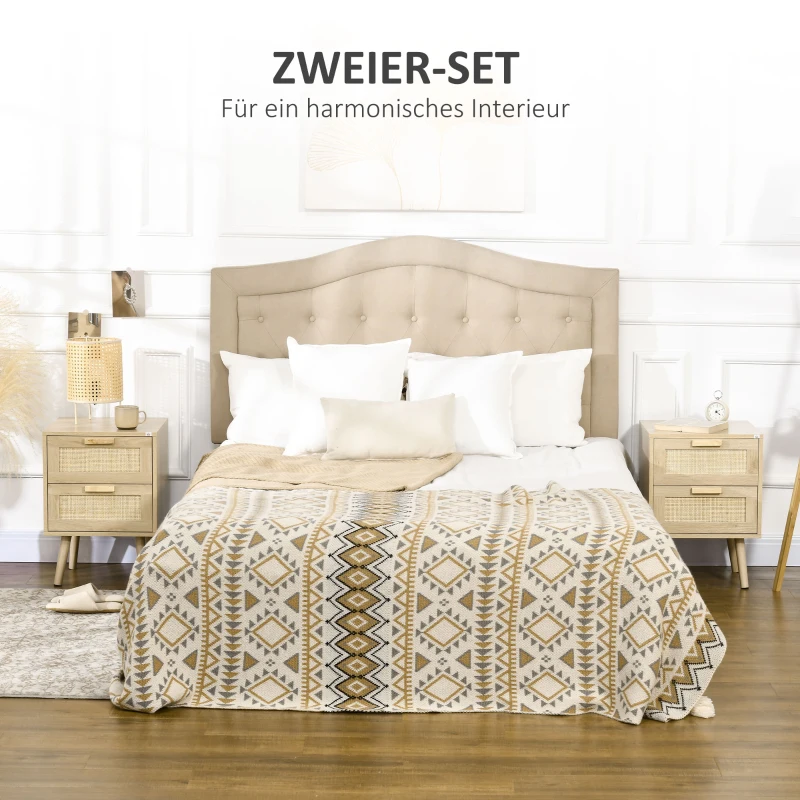 HOMCOM 2er-Set Nachttische im Boho-Design, 2 Nachttische, Rattangeflecht, 4 Schubladen, Natur
