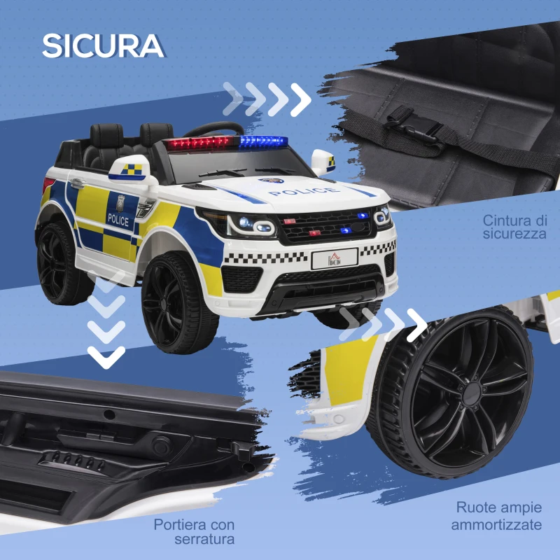 HOMCOM Macchina Elettrica per Bambini della Polizia, Batteria 12V e Telecomando, Sirena Luci Attacco USB per Musica, 110x68x52cm, Bianco(m-6)
