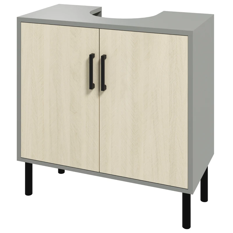 kleankin Mobile Bagno sottolavabo con Doppia anta e ripiano in Truciolato, 60x30x60cm, Grigio e color Quercia
