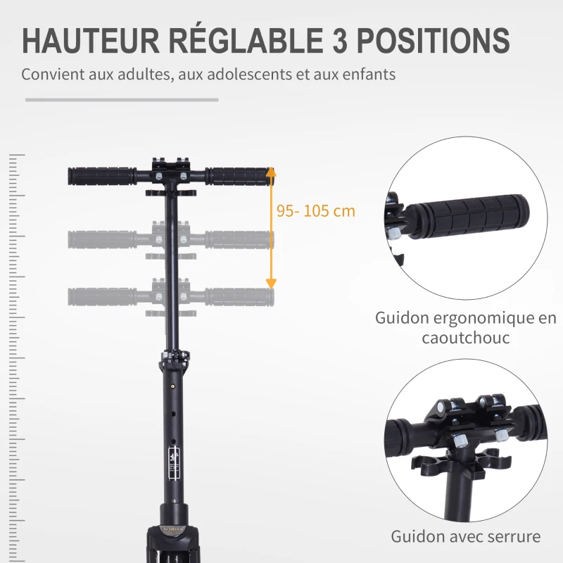 HOMCOM Trottinette pliable pour adultes enfants dolescents à partir 14 ans hauteur guidon réglable double système d'absorption des chocs roues PU alu dim. 94 x 38 x 95-105 cm noir
