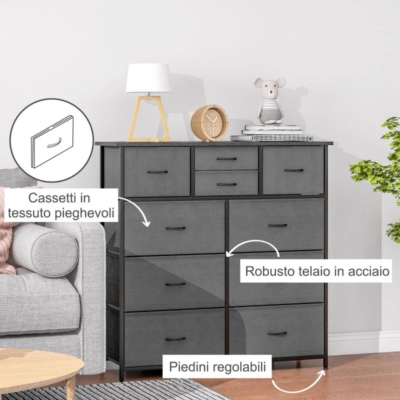 HOMCOM Cassettiera 10 Cassetti Moderna in Tessuto non Tessuto, Acciaio e MDF, 100x30x100 cm, Nera