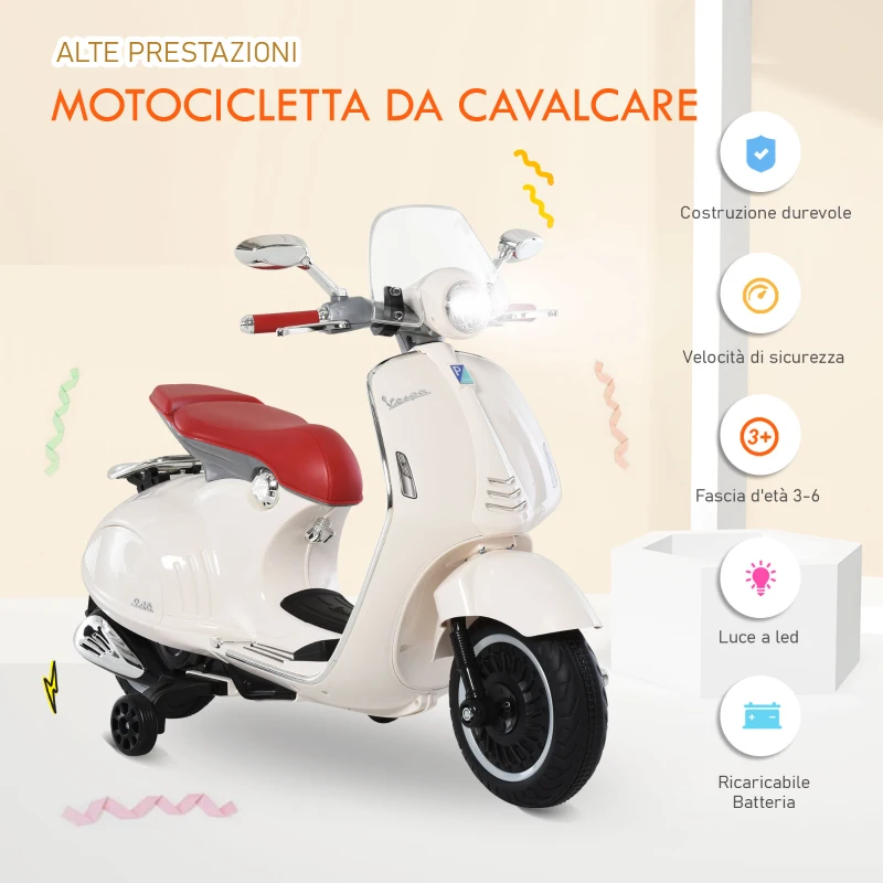 HOMCOM Moto Elettrica per Bambini con Licenza Ufficiale Vespa, 2 Rotelle, Luci e Suoni, 108x49x75 cm, Bianca