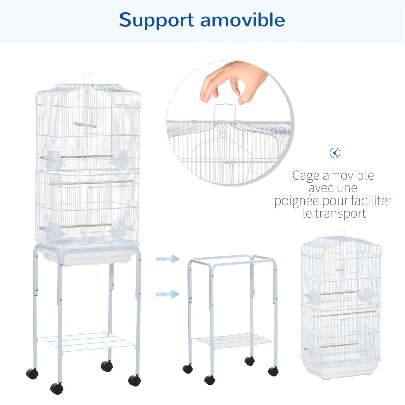 PawHut Cage à oiseaux sur pied volière oiseaux sur roulettes avec toit ouvrant 3 perchoirs étagère inférieure 46,5 x 36 x 157 cm