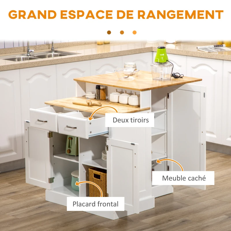 HOMCOM Desserte îlot de cuisine 3 placards étagères réglables 2 plans de travail en bois 2 tiroirs 76 x 97,5 x 92,5 cm blanc