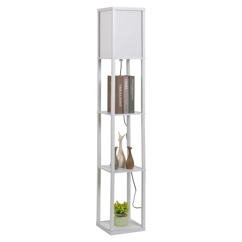 HOMCOM Lámpara de Pie con Estantes de Almacenaje, Lámpara de Madera Moderna, Bombilla E27, para Salón, Dormitorio, Oficina, Blanco