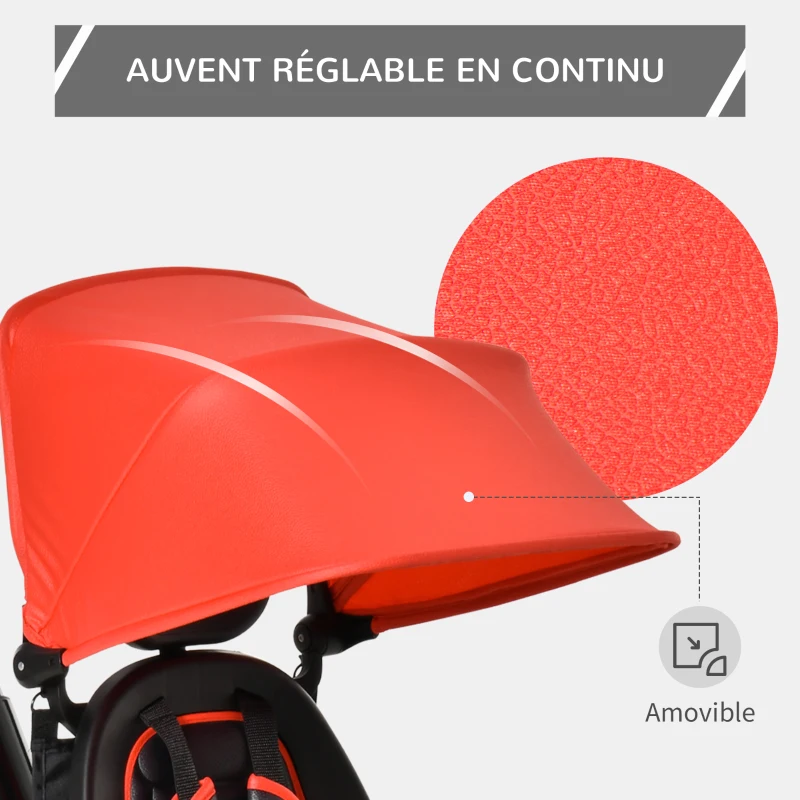 HOMCOM Tricycle Enfant évolutif Pliable 4 en 1 Multifonction - Pare-Soleil, Canne télescopique Amovible - siège pivotant, Harnais, Arceau sécurité - 3 paniers Rangement - métal PP Rouge Noir