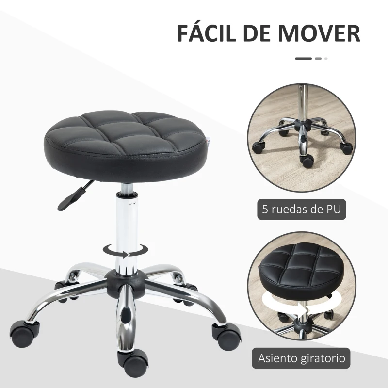 HOMCOM Taburete Giratorio con Ruedas Regulable en Altura de 48-63 cm Taburete de Trabajo Tapizado en Cuero PU para Peluquería Cosmética Dentista Diámetro Ø35,5 cm Negro