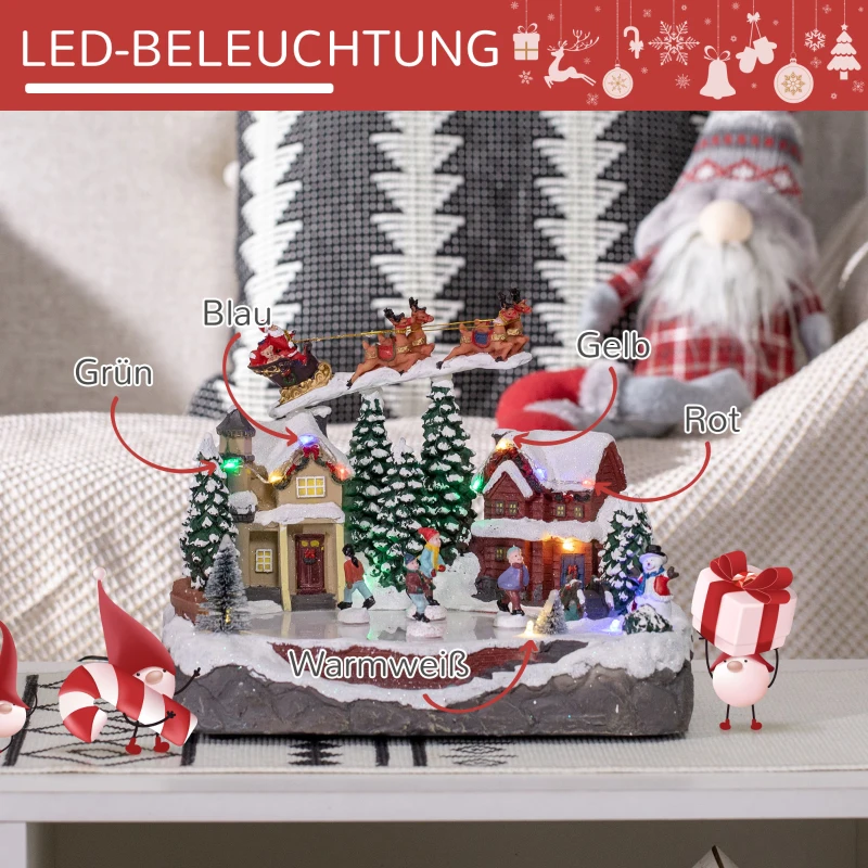 HOMCOM Weihnachtsdeko, Weihnachtsdorf, 13 bunte LEDs, bewegliche Schlittschuhläufer, 30 x 24,5 x 23cm