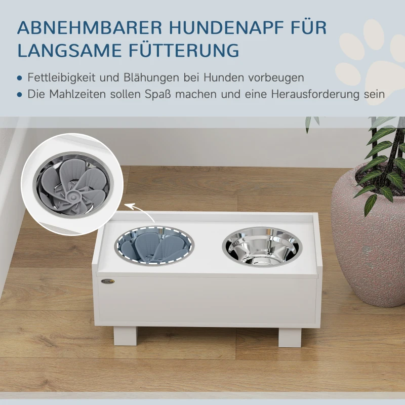 PawHut Erhöhte Fütterungsstation für Hunde, mit abnehmbarer Slow-Feeder-Matte, 2 Aluminiumschüsseln, Stauraum, Weiß