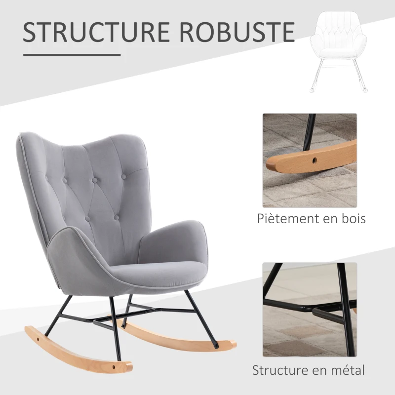 HOMCOM Fauteuil à Bascule, Rocking Chair, fauteuil allaitement confortable avec Structure en bois massif et métal pour Salon, Chambre, Balcon, Velours Gris clair
