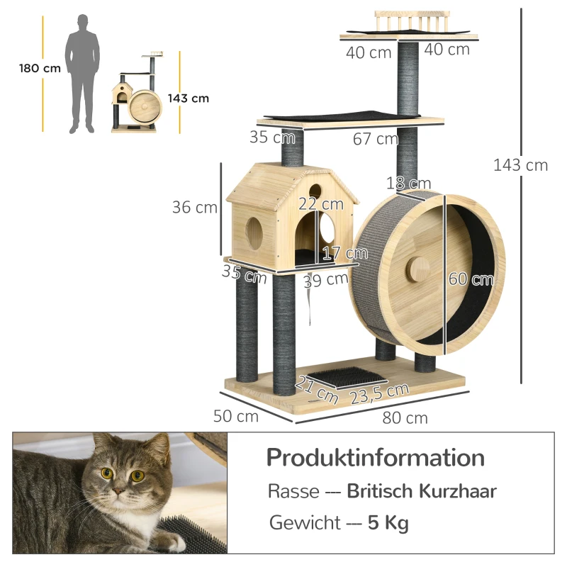 PawHut Katzenbaum mit Laufrad 4-Stock Kratzbaum Katzenhaus mit Sisalsäulen Katzenhöhle Kiefernholz Natur 80 x 50 x 143 cm