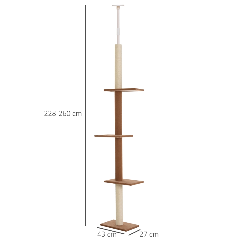 PawHut Árbol Rascador para Gatos de Suelo a Techo Torre para Gatos con Altura Ajustable y Plataformas 43x27x228-260 cm Marrón