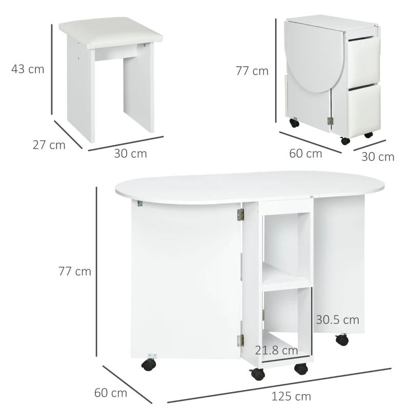 HOMCOM Set da cucina 5 Pezzi, Tavolo pieghevole con 2 ripiani e 4 Sgabelli in Legno truciolato, Bianco