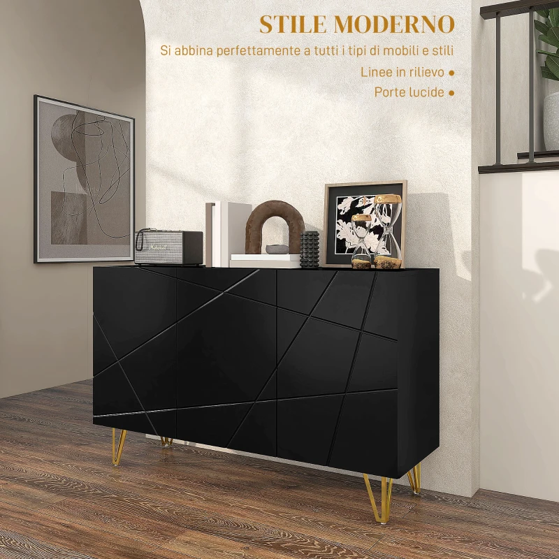 HOMCOM Mobile Contenitore con 2 Armadietti e Ripiano Regolabile, in Truciolato e Metallo, 120x40x75 cm, Nero e Oro