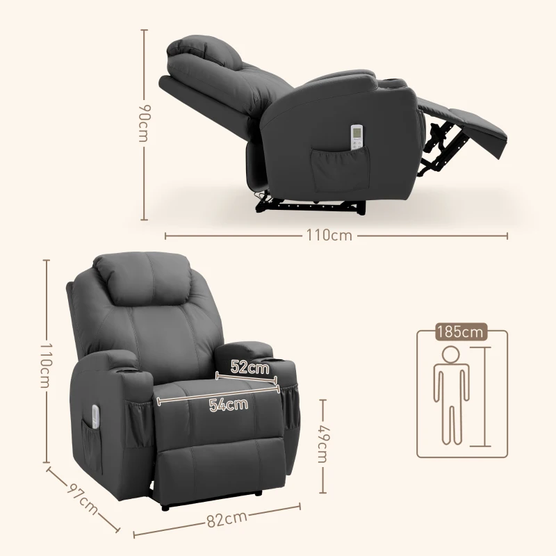 HOMCOM Massagesessel, elektrisch verstellbar, 8 Vibrationspunkte, Becherhalter, Kunstleder, Dunkelgrau(m-3)