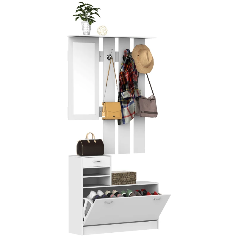 HOMCOM Recibidor de Entrada con Espejo Perchero y Zapatero Mueble de Recibidor de 2 Piezas con 6 Ganchos Estantes y Cajón Abatible para Pasillo Blanco(m-10)