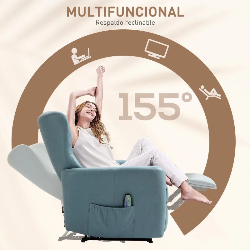 HOMCOM Sillón de Masaje Relax con Reclinación Manual 155° 8 Zonas de Masaje Mando a Distancia Tapizado en Tejido Técnico Reposapiés y 2 Bolsillos Laterales 79x101x96 cm Azul