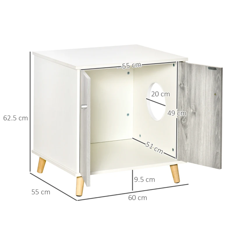 PawHut Mobile Lettiera per Gatti Fino 5.5kg con Foro d'Ingresso Laterale, 60x55x62.5cm - Bianco e Grigio