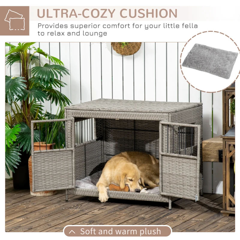 PawHut Wicker Dog Cage, Dog Crate with Lockable Door and Soft Washable Cushion for Medium to Large Sized Dogs, 85 x 61 x 70 cm, Grey