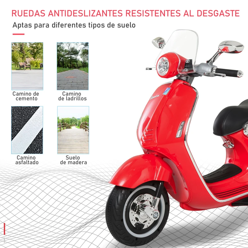 HOMCOM Moto de Batería Autorizada de VESPA con Faros Música 2 Ruedas Auxiliares 108x49x75 cm Rojo