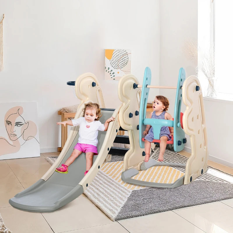 HOMCOM 3-in-1 Kinderrutsche Kinder Rutsche mit Basketballkorb, Schaukel, Leiter Spielzeug Slide Gartenrutsche Babyrutsch für 18-48 Monate HDPE Weiß+Blau+Grau 220 x 160 x 120 cm
