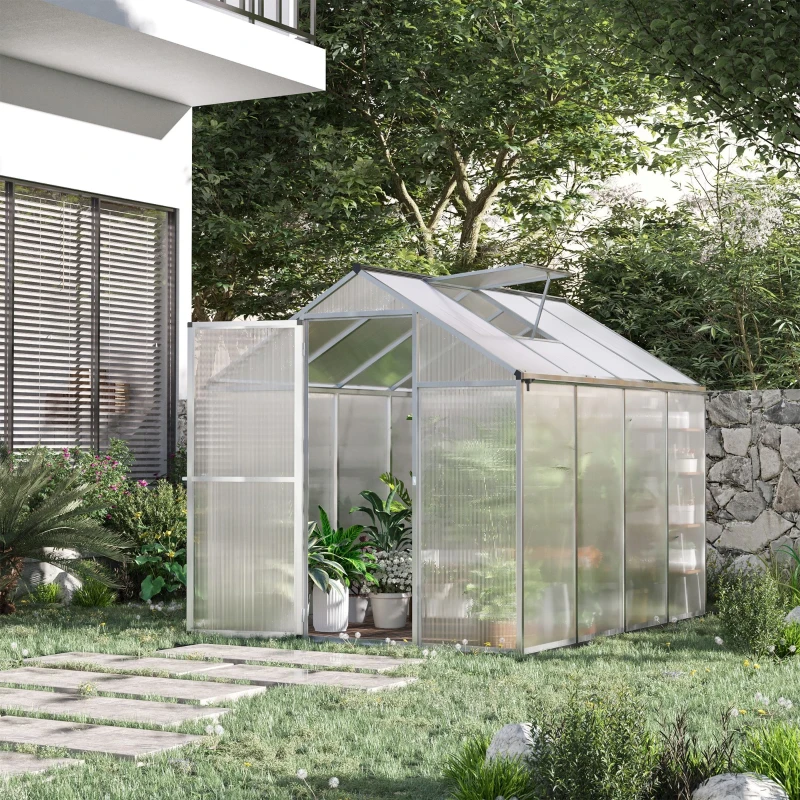 Outsunny Serre de Jardin Aluminium Polycarbonate 4,6 m² dim. 2,42L x 1,9l x 1,95H m Lucarne Porte loquet(m-2)