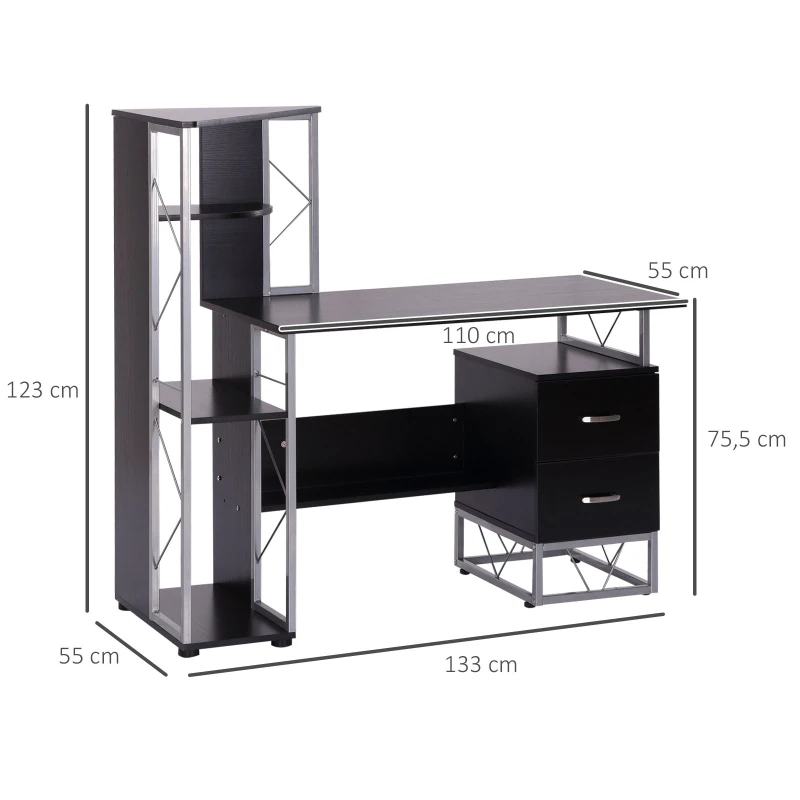 HOMCOM Bureau informatique design industriel 133L x 155l x 123H cm multi-rangements bibliothèque 3 étagères + 2 tiroirs MDF métal MDF noir