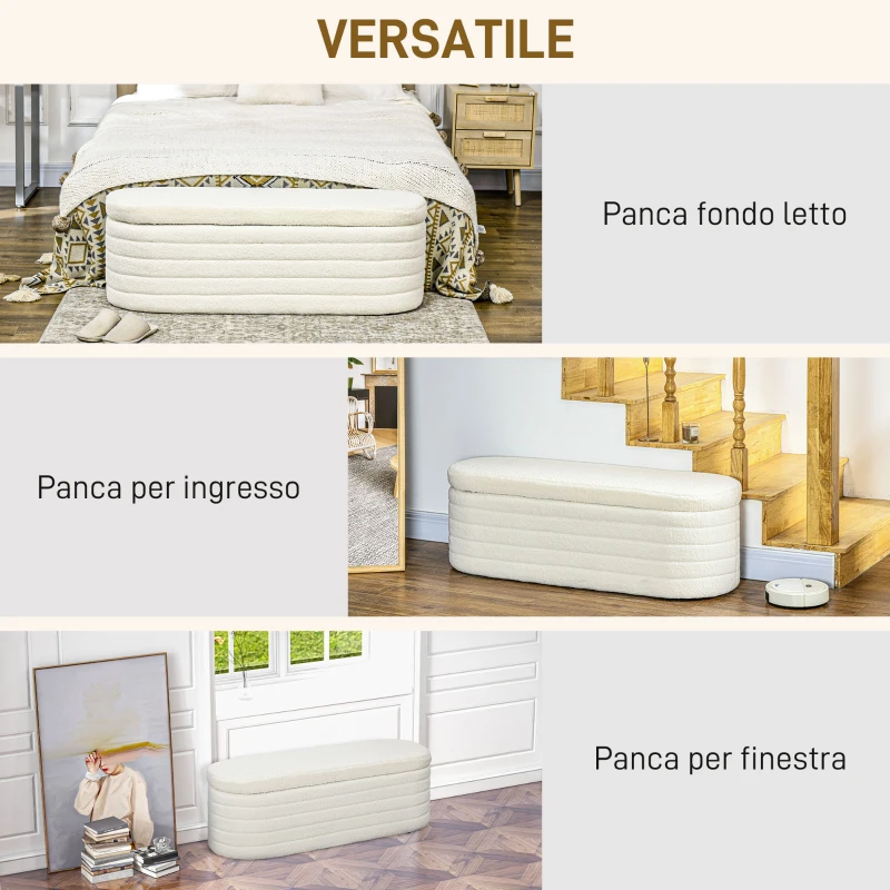 HOMCOM Panca Fondo Letto in Tessuto Teddy con Vano Contenitore per Ingresso e Camera, 116x41x40.5cm, Crema