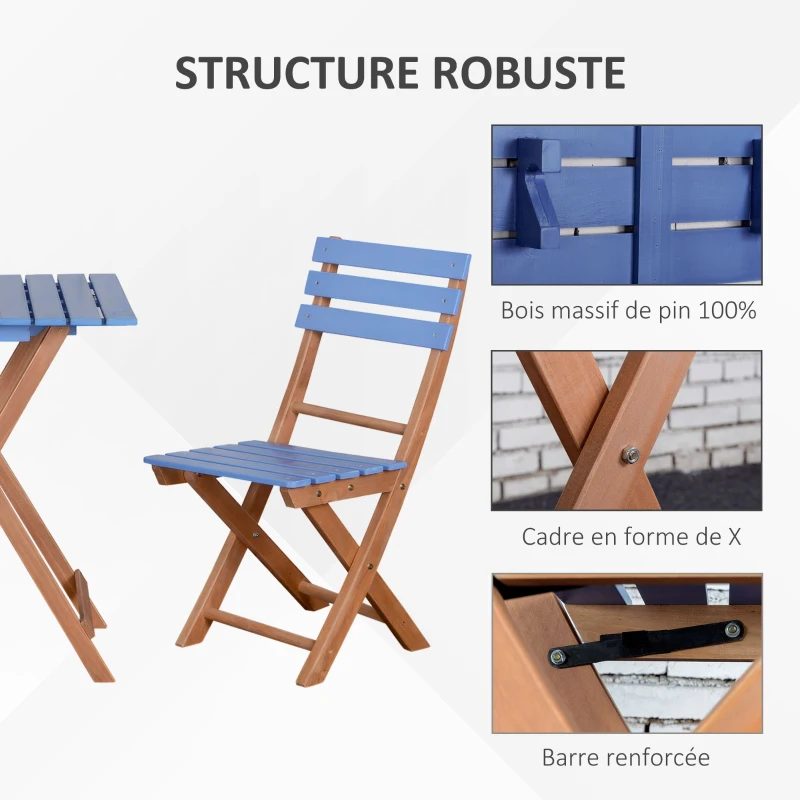 Outsunny Ensemble bistro de jardin 3 pièces avec 1 table et 2 chaises pliantes en bois de pin - bleu