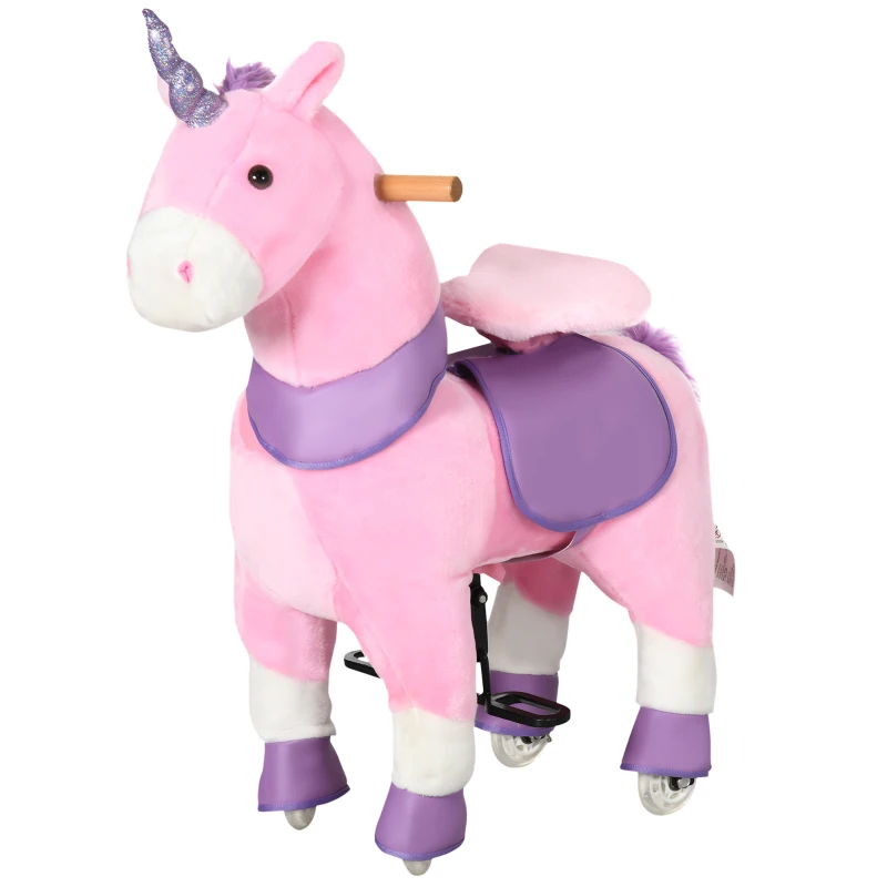 HOMCOM Cavallo a Dondolo con Ruote a Forma di Unicorno per Bambini da 3-6 Anni, 70x32x87cm, Rosa