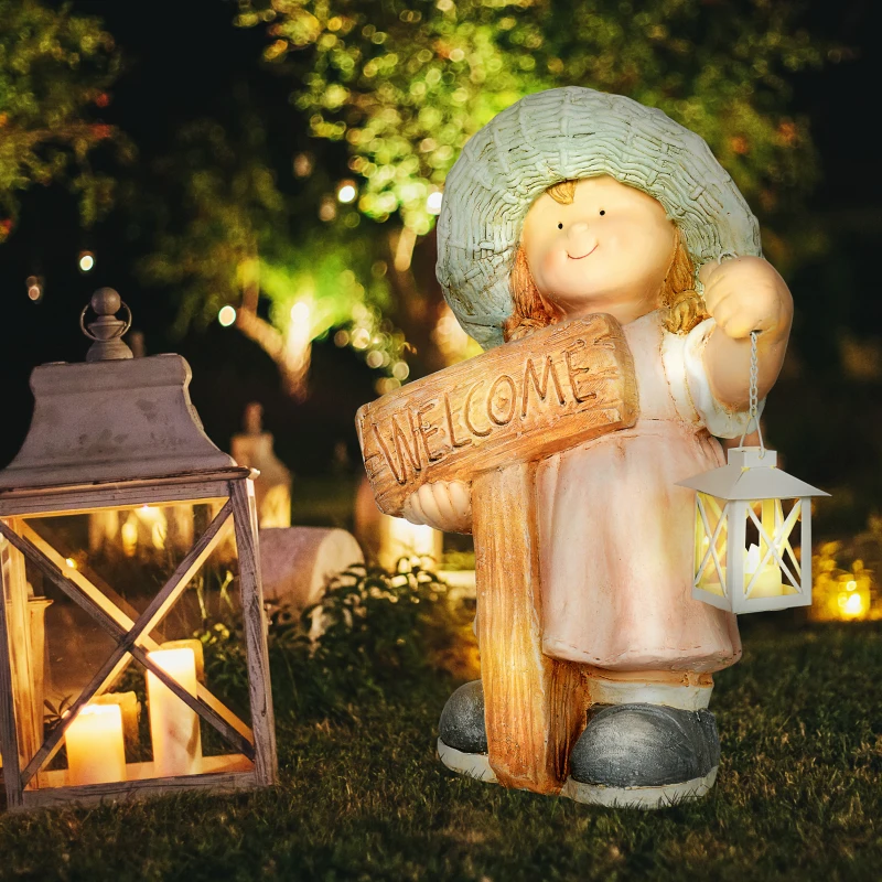 Outsunny Gartenfigur "Mädchen mit Laterne", Gartendekoration, wetterbeständig, 29 cm x 18 cm x 43 cm