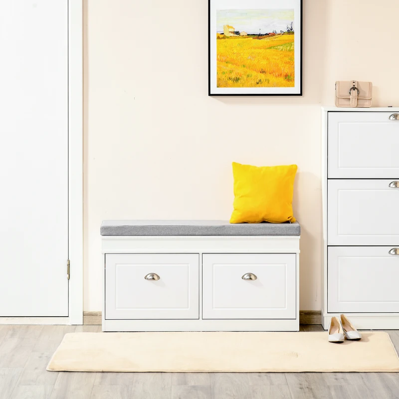 HOMCOM Panca Scarpiera Salvaspazio in Legno con Cuscino, 2 Cassetti con Mensola Regolabile per 8 Scarpe, 104x24x55cm, Bianco